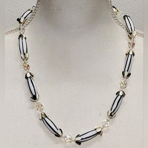 Elegant Vintage Black and White Beaded Necklace - Gold Accents